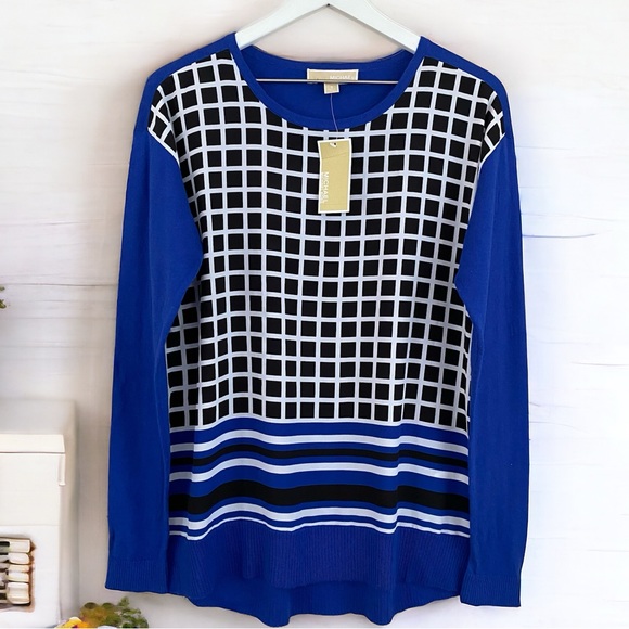 Michael Kors Tops - Michael Kors NWT Cobalt Blue & Black Windowpane Plaid Stripe Lightweight Sweater